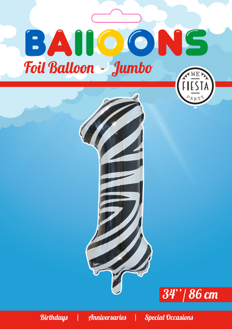 Folienballon Figur 1 Zebra XL 86cm leer