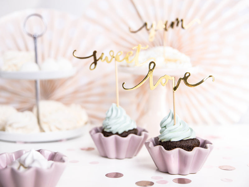 Cupcake Toppers Gold Sweet Love Yum 13cm 6 Stk.