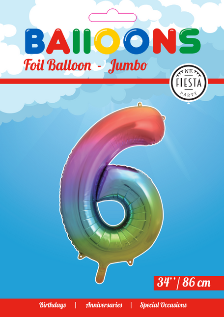 Folienballon Figur 6 Regenbogen XL 86cm leer