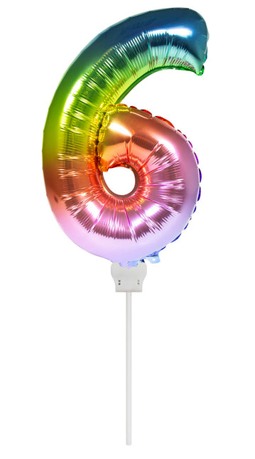 Folienballon Figur 6 Regenbogen 36cm mit Stick