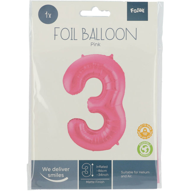 Folienballon Figur 3 Matt Rosa XL 86cm leer